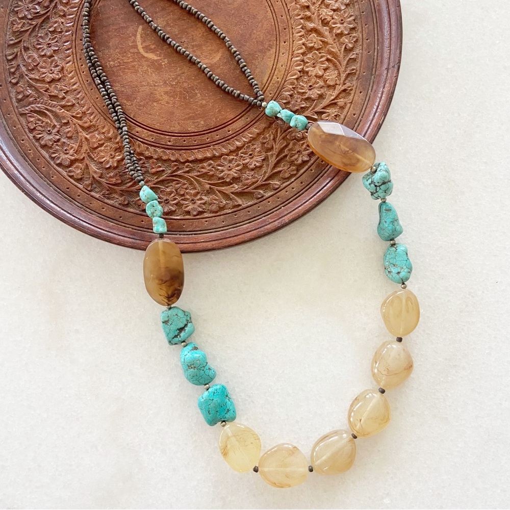 Chico’s Long Necklace Turquoise Wood Brown Beaded Stone Western Beach Coastal